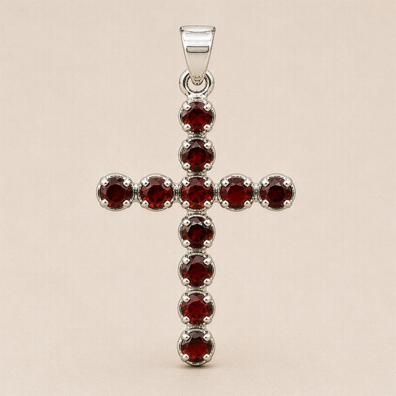 Indiase Devotie Hangers - Verzilverd (45cm Ketting) - Granaat Kruisbeeld
