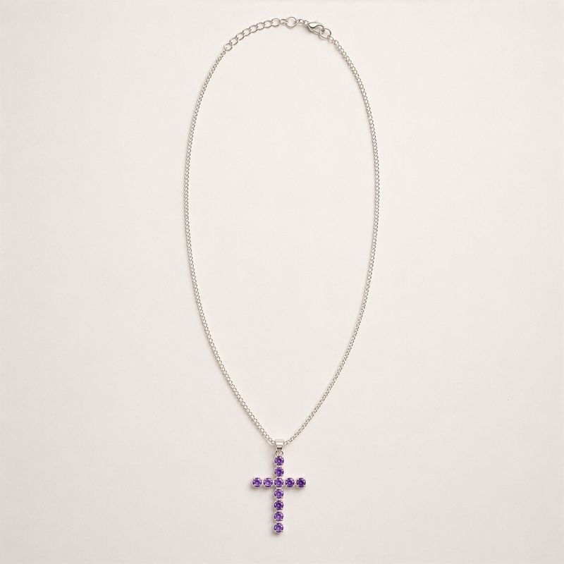Indiase Devotie Hangers - Verzilverd (45cm Ketting) - Amethist Kruisbeeld