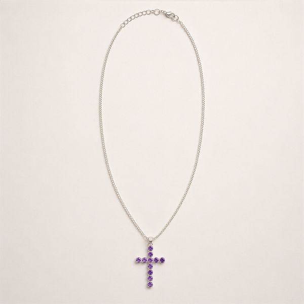 Indiase Devotie Hangers - Verzilverd (45cm Ketting) - Amethist Kruisbeeld