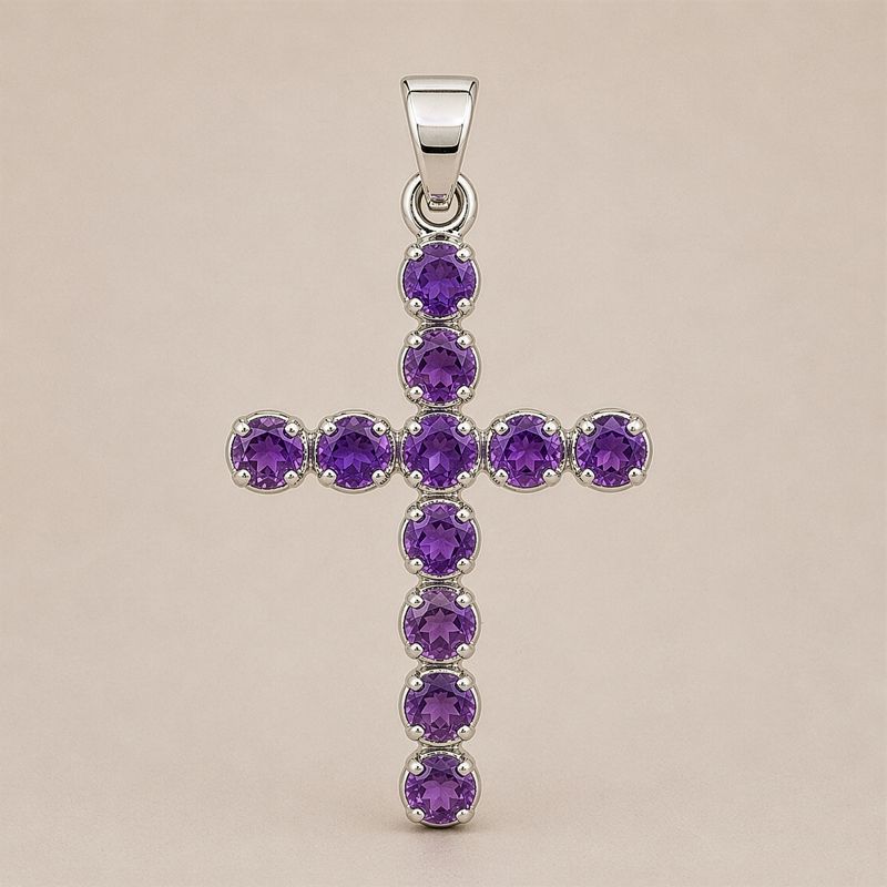 Indiase Devotie Hangers - Verzilverd (45cm Ketting) - Amethist Kruisbeeld