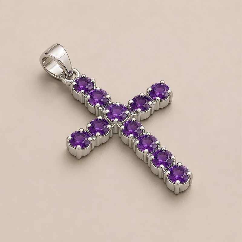Indiase Devotie Hangers - Verzilverd (45cm Ketting) - Amethist Kruisbeeld