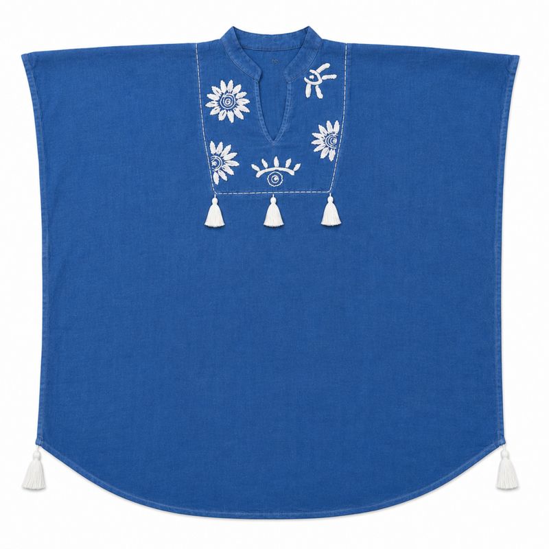 Nomad Sari In de Med Collectie - Kaftan - Blauw met crèmekleurig borduurwerk en franjes