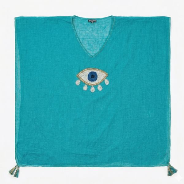 Nomad Sari In de Med-Collectie - kaftan - turkoois met goud en wit groot boze oog