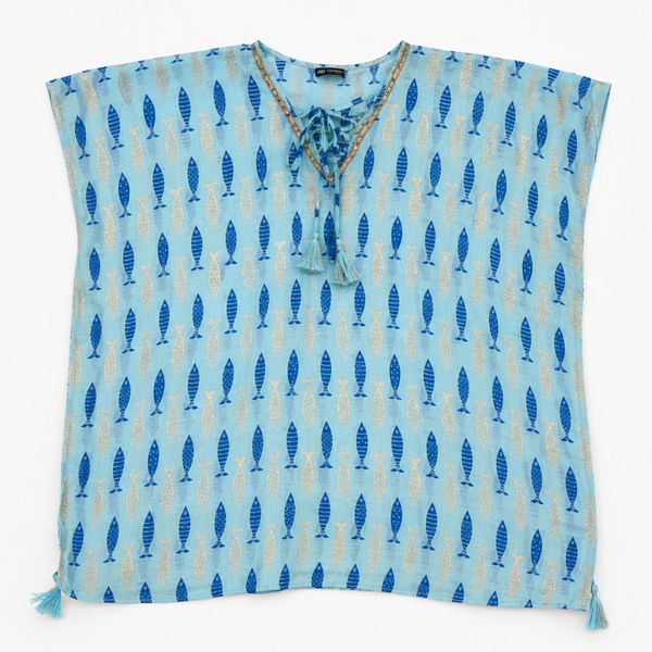 Nomad Sari In de Med Collectie - Kaftan - Turquoise & Blauw Gedurfde Visprint