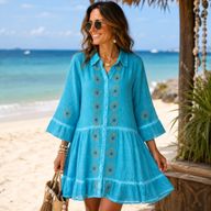 (M-L) Nomad Sari Op de Med Collectie - Tuniekjurk - Turkoois met boze-oog-blokdruk