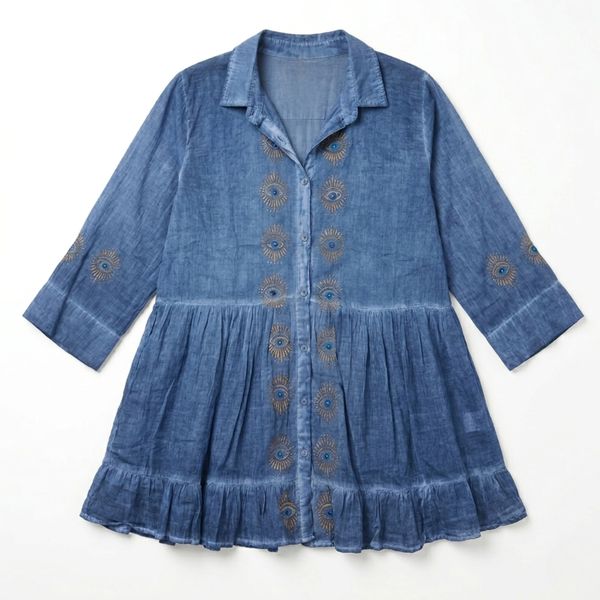 (M-L) Nomad Sari uit de Med Collectie - tuniekjurk - donkerblauw met boze-oog blokprint