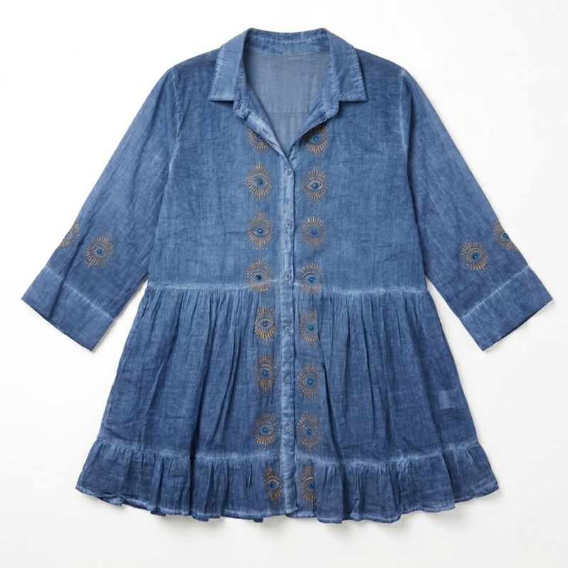 (M-L) Nomad Sari uit de Med Collectie - tuniekjurk - donkerblauw met boze-oog blokprint