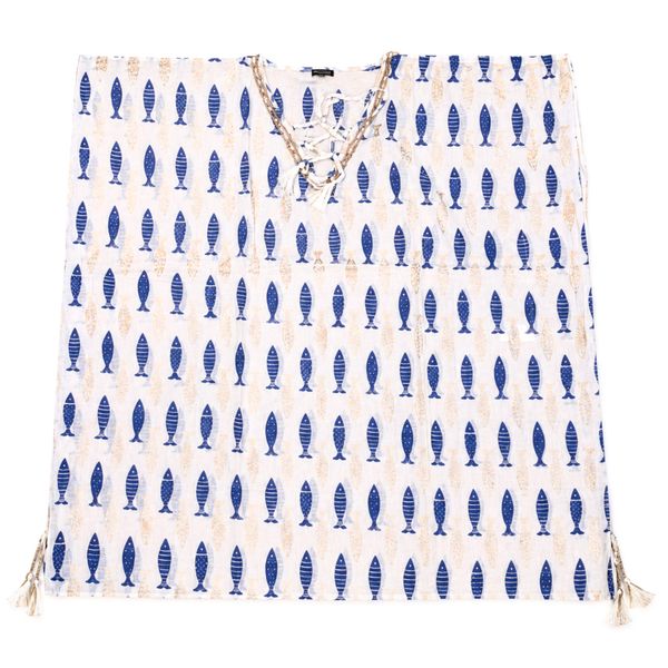 Nomad Sari In de Med Collectie - Kaftan - Wit en Blauw Gedurfd Vispatroon