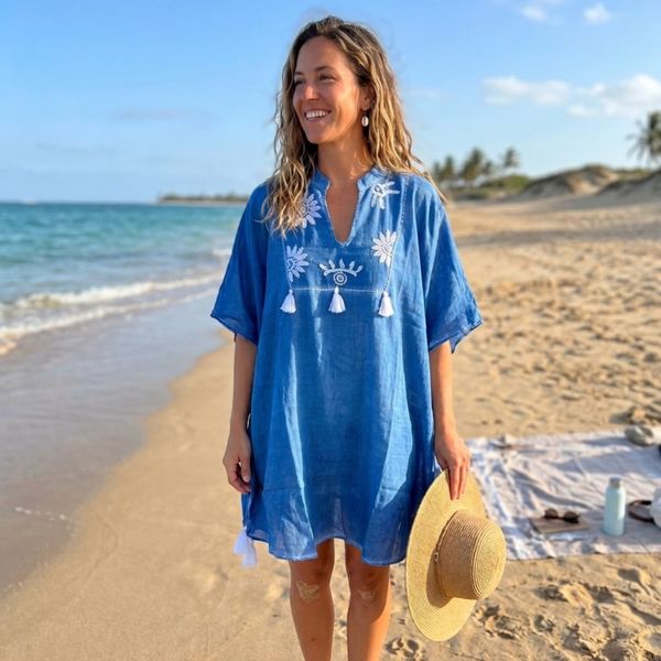 Nomad Sari In de Med Collectie - Kaftan - Blauw met crèmekleurig borduurwerk en franjes