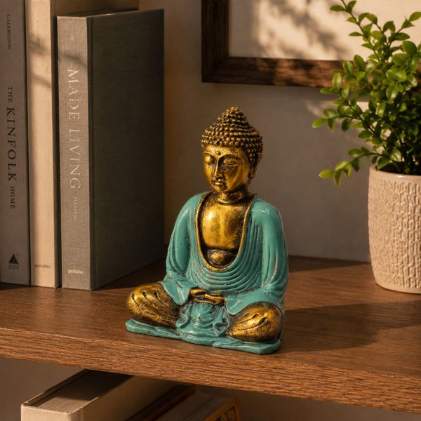 Boeddha Beeldje - Medium - Teal & Goud