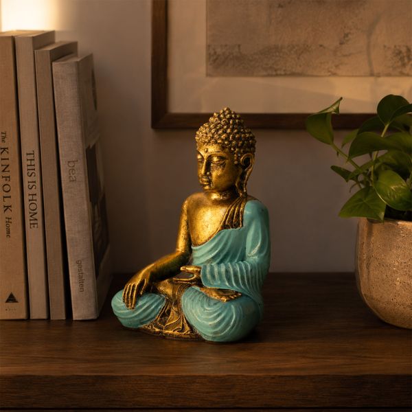 Boeddha Beeldje Kaarshouder - Large Teal & Goud