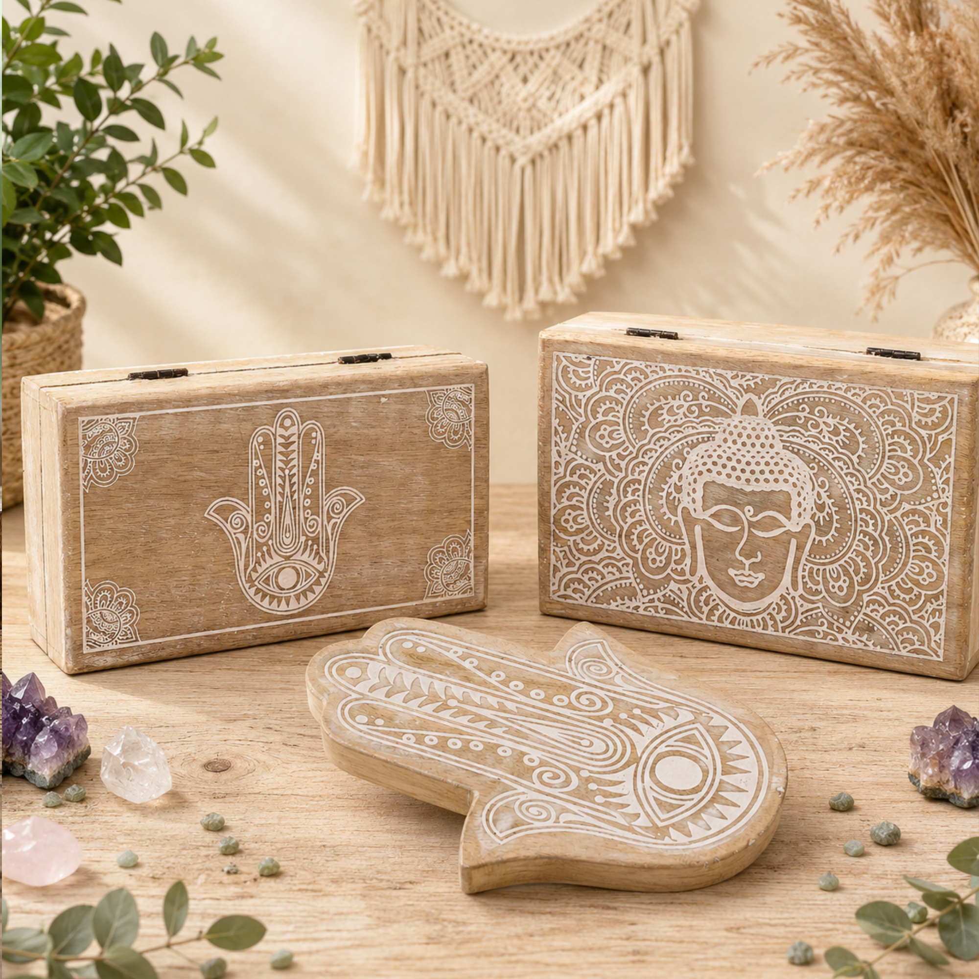 Groothandel Houten Dozen En Schalen Met Boeddha- & Hamsa-Design