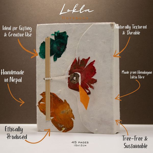 Lokta Notitieboek Met Knoopsluiting – 15 × 12 cm – 45 Pagina's – Himalaya Bloemmotief