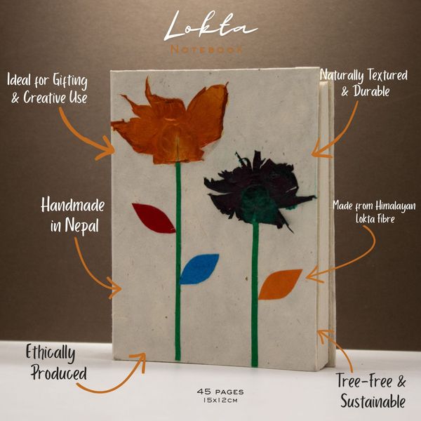 Lokta Notitieboek – 15 × 12 cm – 45 Pagina's – Himalaya Bloemmotief