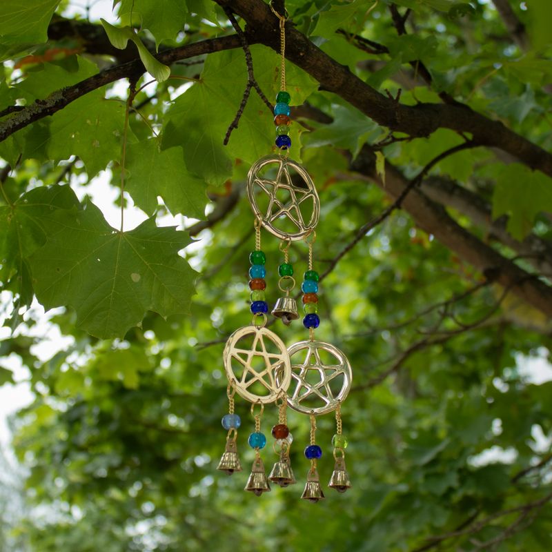 Indiase belletjes - messing drie-pentagram - 7 bellen - 9,5 x 32 cm