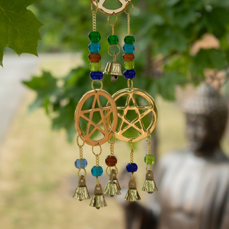Indiase belletjes - messing drie-pentagram - 7 bellen - 9,5 x 32 cm