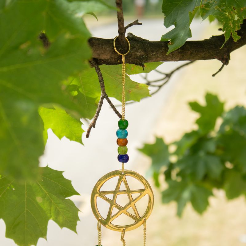 Indiase belletjes - messing drie-pentagram - 7 bellen - 9,5 x 32 cm