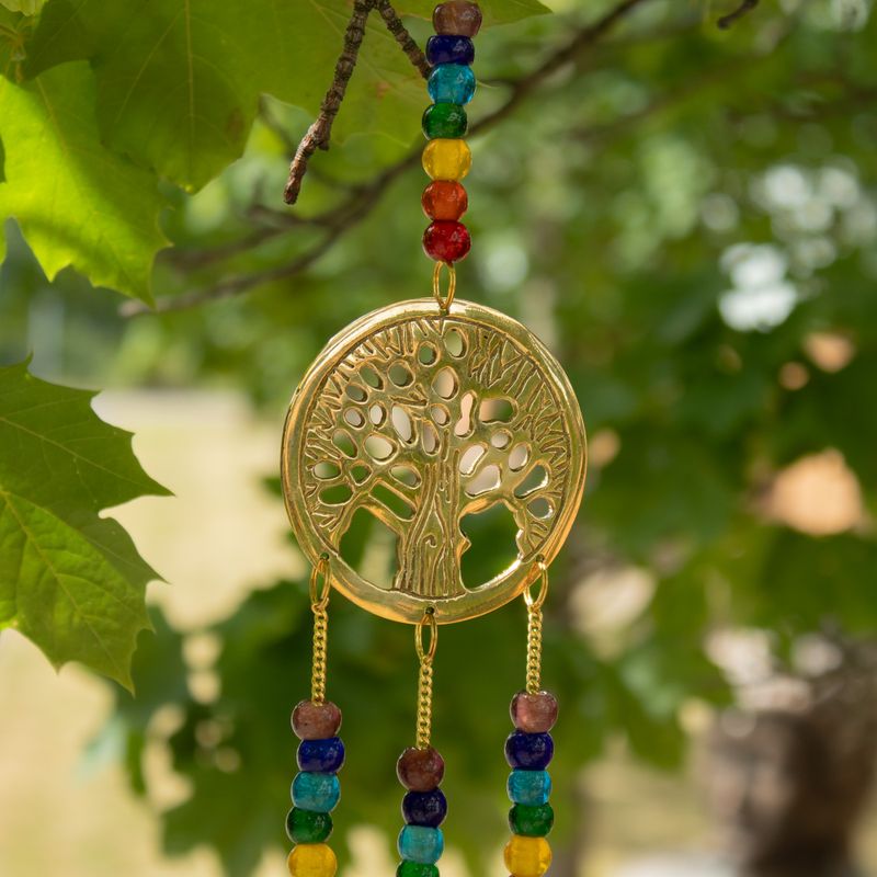 Indiase belletjes - messing Levensboom met chakra kralen - 3 belletjes - 6,5x31 cm