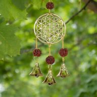 Indische windklokken - Messing Bloem des Levens met Rudraksha-kralen - 3 belletjes - 6x27 cm