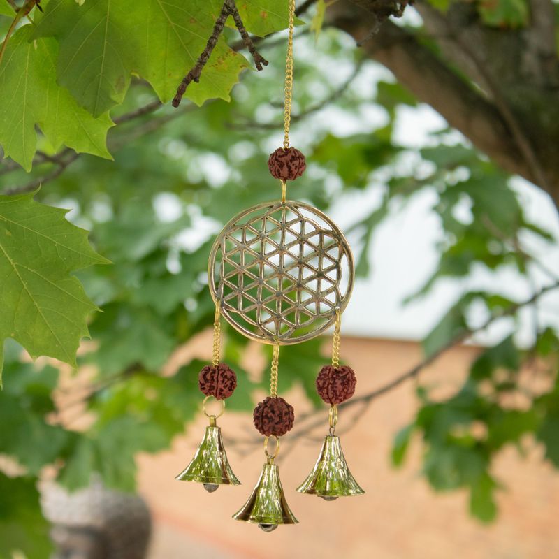 Indische windklokken - Messing Bloem des Levens met Rudraksha-kralen - 3 belletjes - 6x27 cm