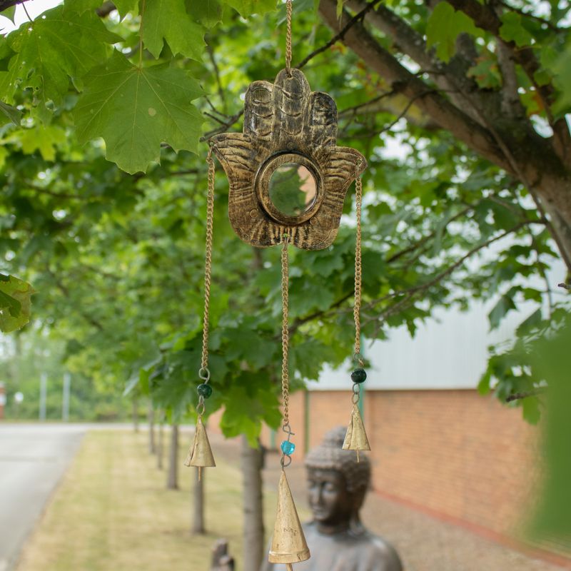 Indische Windklokken - Hamsa Kleine Spiegel 3 Belletjes - 14x55cm