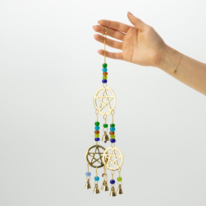 Indiase belletjes - messing drie-pentagram - 7 bellen - 9,5 x 32 cm