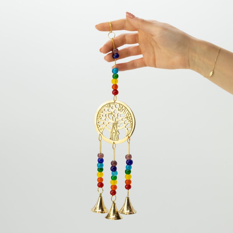 Indiase belletjes - messing Levensboom met chakra kralen - 3 belletjes - 6,5x31 cm