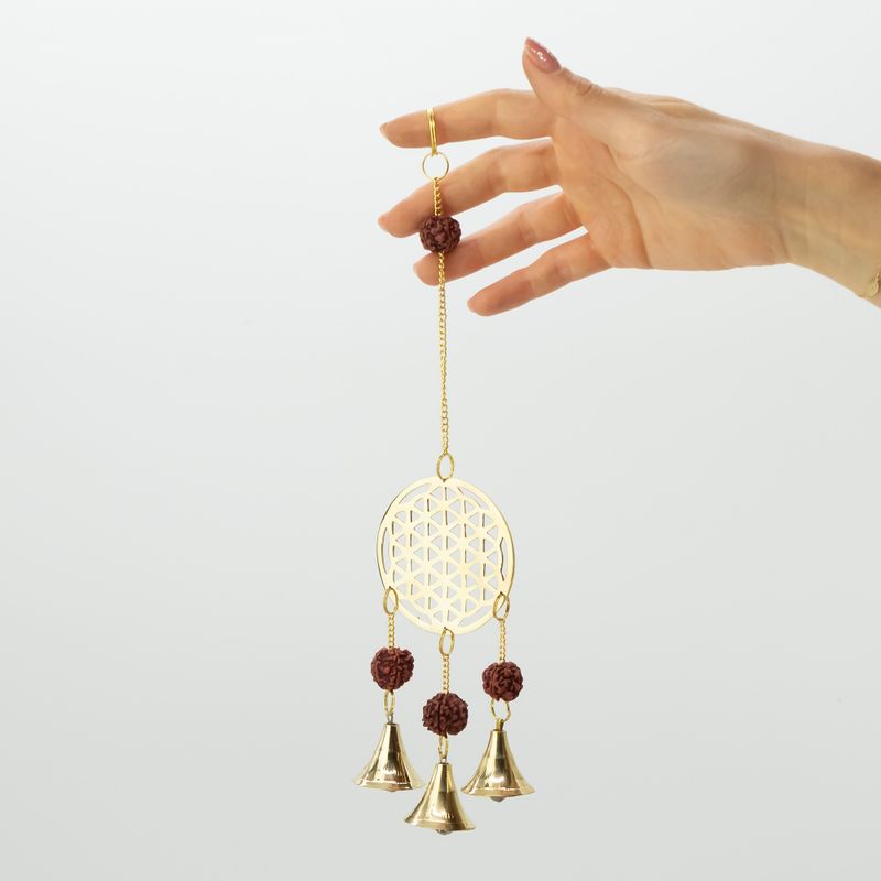 Indische windklokken - Messing Bloem des Levens met Rudraksha-kralen - 3 belletjes - 6x27 cm
