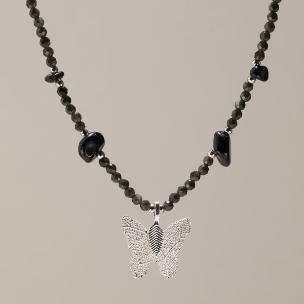 Nymph Zwarte Obsidiaan Edelsteen Ketting met Vlinderhanger van Echt Blad