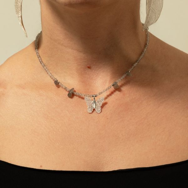 Nymph Labradoriet Edelsteen Ketting met Vlinderhanger van Echt Blad