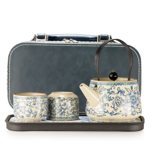 Reistheeset met Theepot & Twee Kopjes - Chinees Ru Blauw