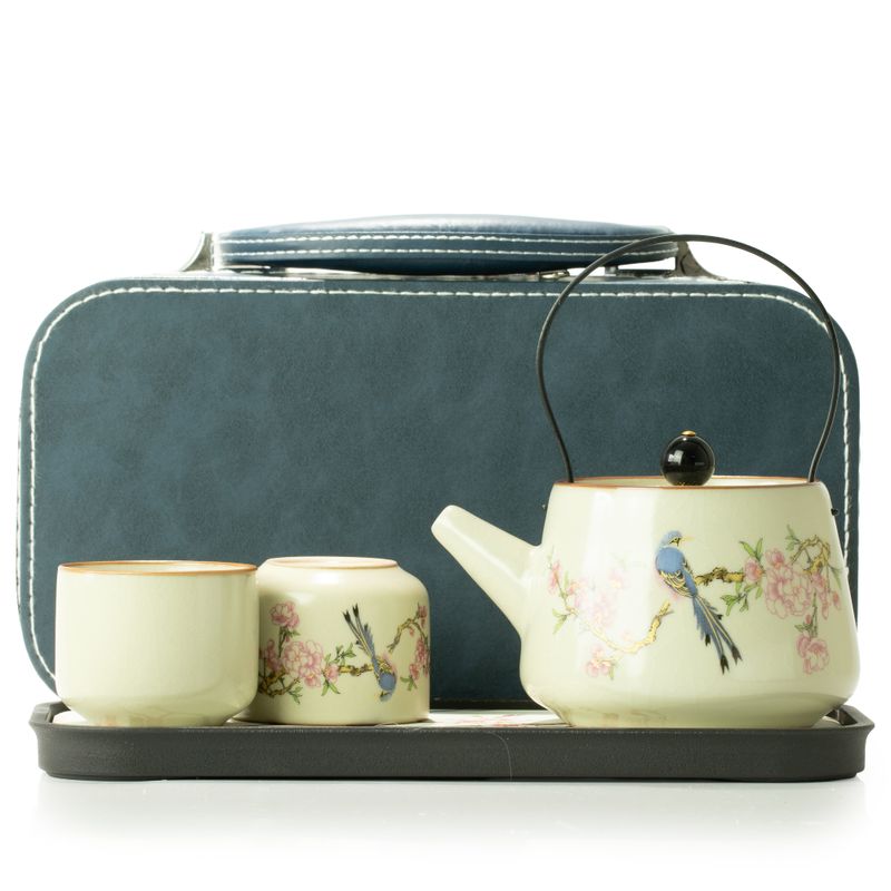 Reis-theepotset en twee kopjes - Blauwe Vogel Qing-dynastie