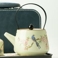 Reis-theepotset en twee kopjes - Blauwe Vogel Qing-dynastie