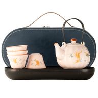 Reis-Theepotset & Vier Kopjes - Roze Vintage Pompoenstijl