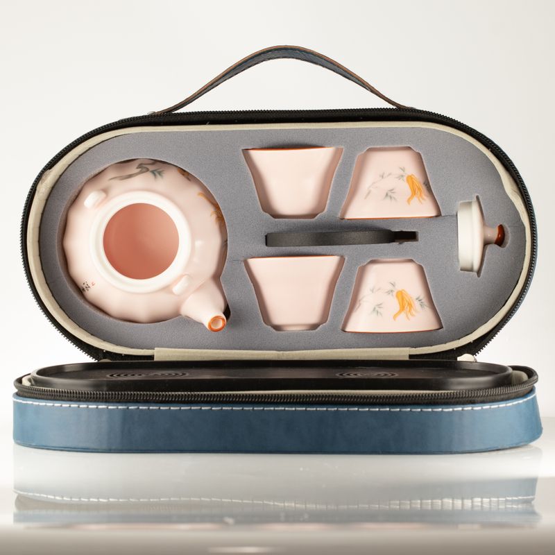 Reis-Theepotset & Vier Kopjes - Roze Vintage Pompoenstijl
