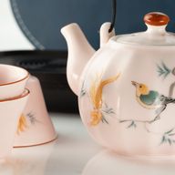 Reis-Theepotset & Vier Kopjes - Roze Vintage Pompoenstijl
