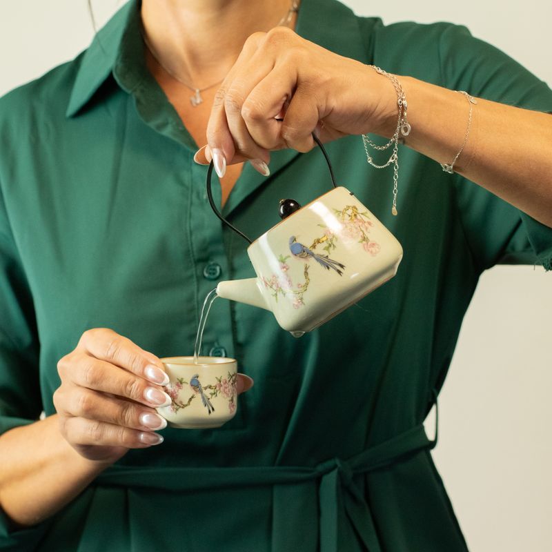 Reis-theepotset en twee kopjes - Blauwe Vogel Qing-dynastie