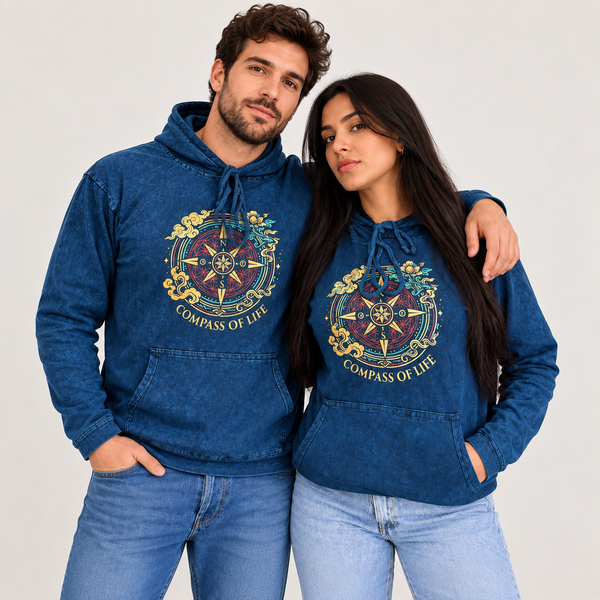 Stonewashed Hoodie met Buidelzak - Blauw Levenskompas - Maat S