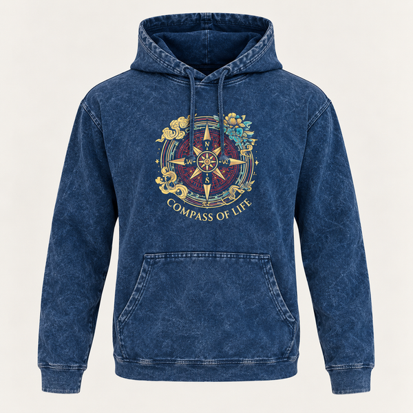 Stonewashed Hoodie met Buidelzak - Blauw Levenskompas - Maat S
