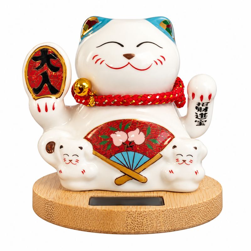 Solar Money Cat op Houten Voet - Blauw met Bewegende Hand