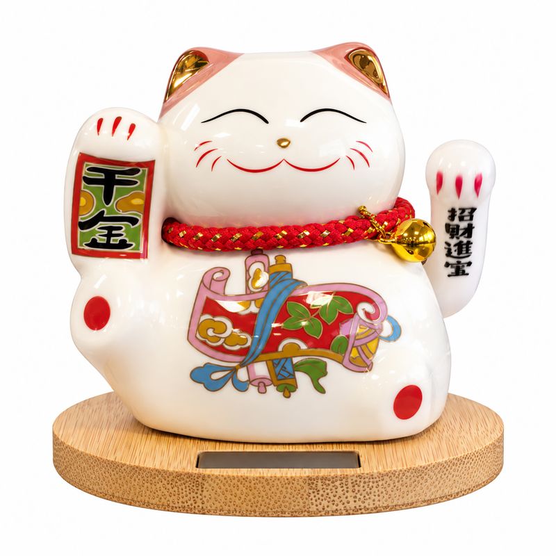Solar Money Cat op Houten Voet - Roze met Bewegende Hand