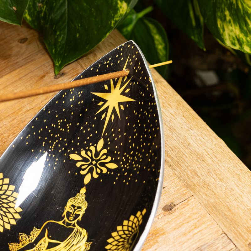 Geëmailleerd Wierookbakje - Aluminium - Goud & Zwart Boeddha