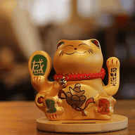 Solar Money Cat op Houten Voet - Goud met Bewegende Hand