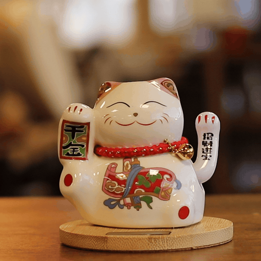 Solar Money Cat op Houten Voet - Roze met Bewegende Hand