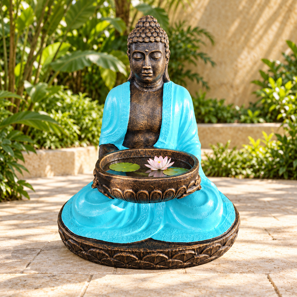 Grote Zittende Turquoise & Stenen Boeddha met Schaal – 80 cm