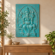 Groot Ganpati Reliëflijst Turquoise - 0,7x1m