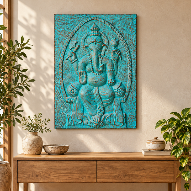 Groot Ganpati Reliëflijst Turquoise - 0,7x1m