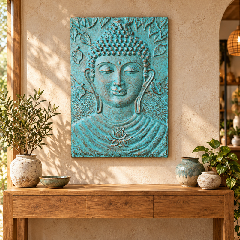 Grote Boeddhalijst Turquoise Reliëf - 0,7x1m