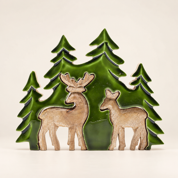 Lost in the Forrest - Twee Herten in het Bos 3D Houten Decoratie - 18x23cm
