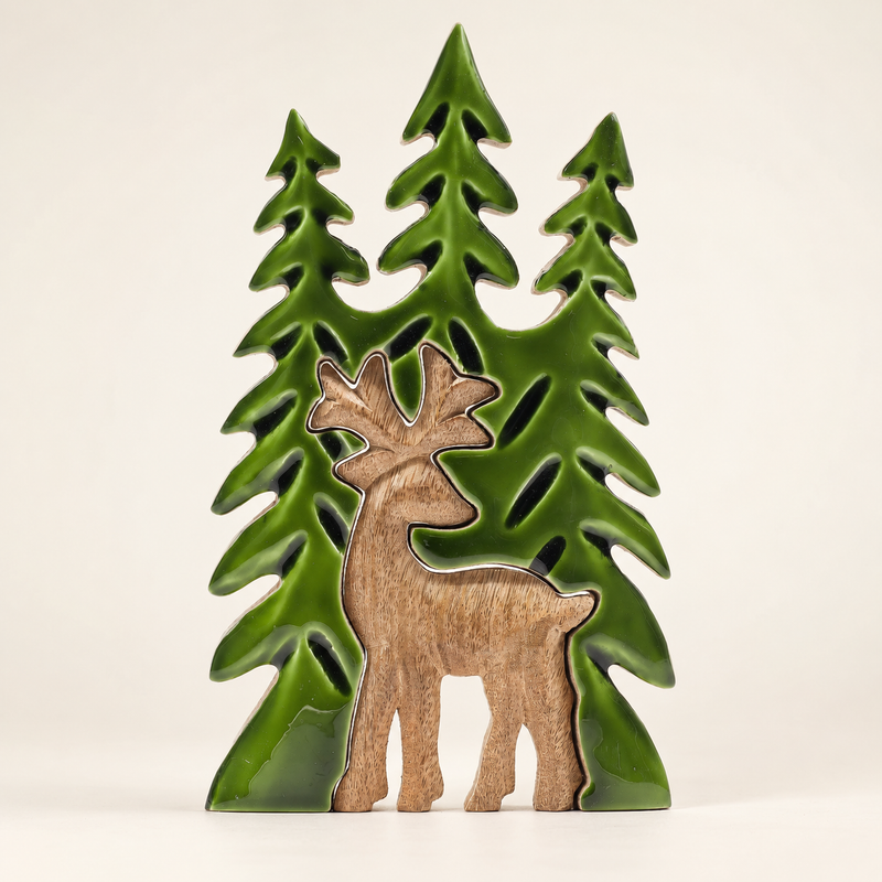 Verdwaald in het Bos - Hert in het Bos 3D Houten Decoratie - 25x15 cm